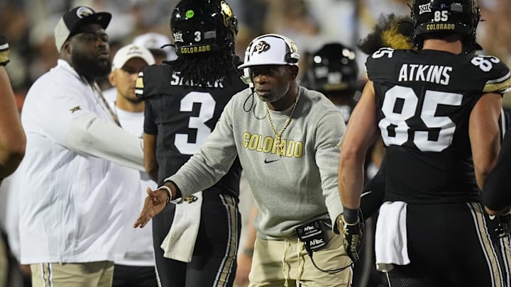 Sep 20, 2025; Boulder, Colorado, USA; Colorado Buffaloes head coach Deion Sanders celebrates a touchdown with his players in the fourth quarter against the Wyoming Cowboys at Folsom Field. Mandatory Credit: Ron Chenoy-Imagn Images Sep 20, 2025; Boulder, Colorado, USA; Colorado Buffaloes head coach Deion Sanders celebrates a touchdown with his players in the fourth quarter against the Wyoming Cowboys at Folsom Field. Mandatory Credit: Ron Chenoy-Imagn Images