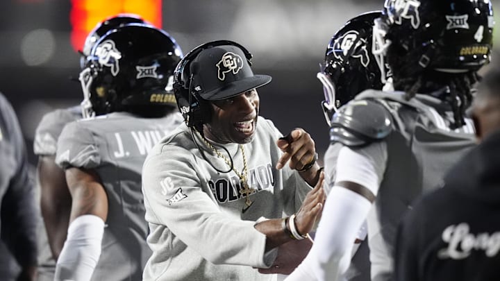Sep 27, 2025; Boulder, Colorado, USA; Colorado Buffaloes head coach Deion Sanders reacts to a touchdown scored in the first quarter against the Colorado Buffaloes at Folsom Field. Mandatory Credit: Ron Chenoy-Imagn Images