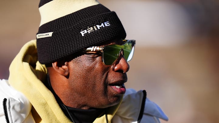 Nov 29, 2024; Boulder, Colorado, USA; Colorado Buffaloes head coach Deion Sanders before the game against the Oklahoma State Cowboys at Folsom Field. Mandatory Credit: Ron Chenoy-Imagn Images