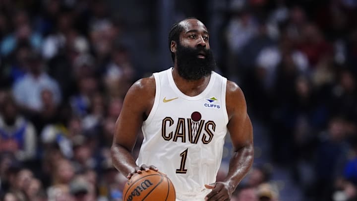 Feb 9, 2026; Denver, Colorado, USA; Cleveland Cavaliers guard James Harden (1)  during the second quarter against the Denver Nuggets at Ball Arena. Mandatory Credit: Ron Chenoy-Imagn Images