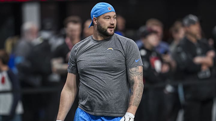 Los Angeles Chargers defensive end Morgan Fox shown on the field before the game against the Atlanta Falcons.