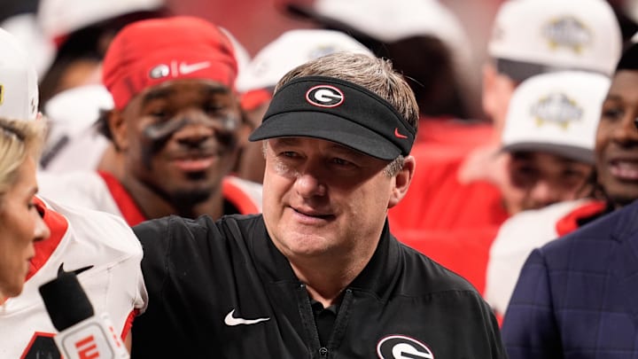 Dec 6, 2025; Atlanta, GA, USA; Georgia Bulldogs head coach Kirby Smart looks on after the game against the Alabama Crimson Tide during the 2025 SEC Championship game at Mercedes-Benz Stadium. Mandatory Credit: Dale Zanine-Imagn Images