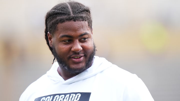 Boulder, Colorado, USA; Colorado Buffaloes offensive tackle Jordan Seaton (77) before the game against the North Dakota State Bison at Folsom Field. Boulder, Colorado, USA; Colorado Buffaloes offensive tackle Jordan Seaton (77) before the game against the North Dakota State Bison at Folsom Field.