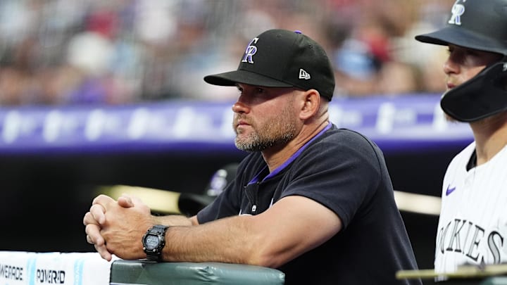 Jul 22, 2025; Denver, Colorado, USA; Colorado Rockies interim manager Warren Schaeffer (34) during the first inning against the St. Louis Cardinals at Coors Field.