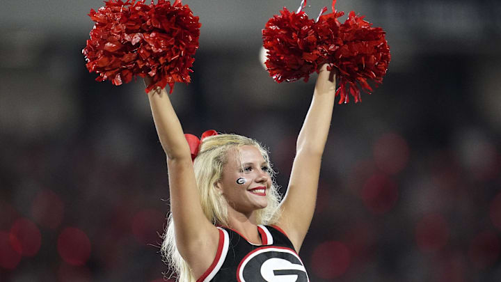 Sep 27, 2025; Athens, Georgia, USA; Georgia Bulldogs cheerleaders perform in the first half against the Alabama Crimson Tide at Sanford Stadium. Mandatory Credit: Dale Zanine-Imagn Images