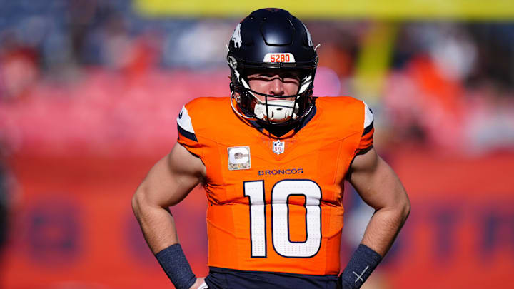 Nov 17, 2024; Denver, Colorado, USA; Denver Broncos quarterback Bo Nix (10) before the game against the Atlanta Falcons at Empower Field at Mile High. Mandatory Credit: Ron Chenoy-Imagn Images Nov 17, 2024; Denver, Colorado, USA; Denver Broncos quarterback Bo Nix (10) before the game against the Atlanta Falcons at Empower Field at Mile High. Mandatory Credit: Ron Chenoy-Imagn Images