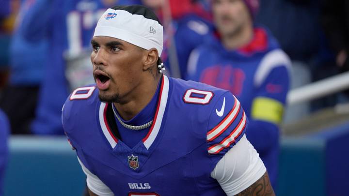 Buffalo Bills wide receiver Keon Coleman yells as he takes the field during team introductions before their home game against the Kansas City Chiefs at Highmark Stadium in Orchard Park on Nov. 2, 2025.