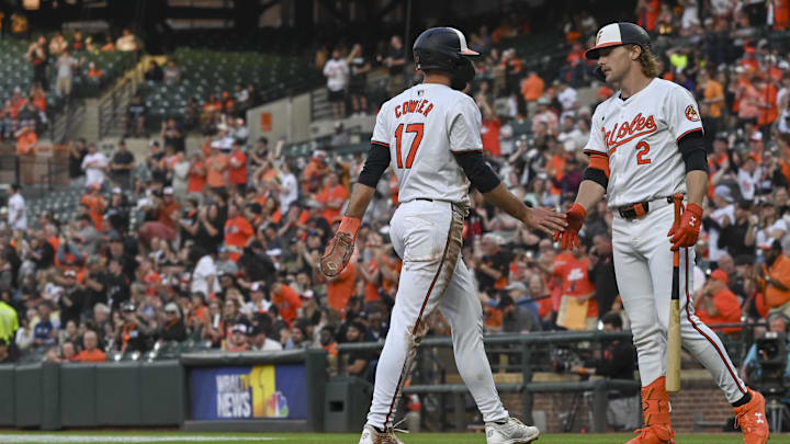 Baltimore Orioles outfielder Colton Cowser (17) celebrates with shortstop Gunnar Henderson (2) after scoring during the second inning against the Minnesota Twins at Oriole Park at Camden Yards in 2024. Baltimore Orioles outfielder Colton Cowser (17) celebrates with shortstop Gunnar Henderson (2) after scoring during the second inning against the Minnesota Twins at Oriole Park at Camden Yards in 2024.