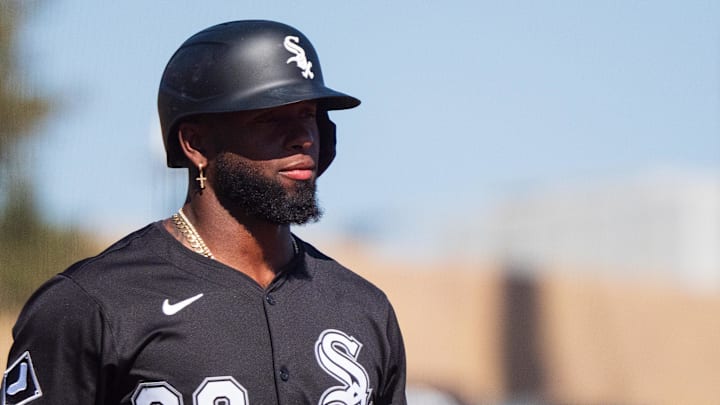 Phoenix, Arizona, USA; Chicago White Sox outfielder Luis Robert Jr. (88) reacts after his at bat in the fourth inning during a spring training game against the San Diego Padres at Camelback Ranch. Phoenix, Arizona, USA; Chicago White Sox outfielder Luis Robert Jr. (88) reacts after his at bat in the fourth inning during a spring training game against the San Diego Padres at Camelback Ranch.