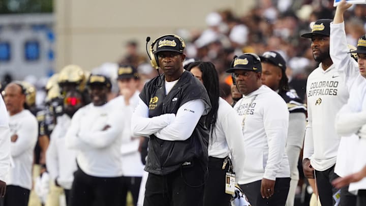 Aug 29, 2025; Boulder, Colorado, USA; Colorado Buffaloes head coach Deion Sanders on the sidelines in the second quarter against the Georgia Tech Yellow Jackets at Folsom Field. Mandatory Credit: Ron Chenoy-Imagn Images