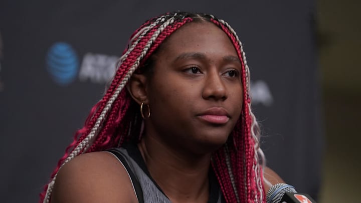 Jul 15, 2023; Las Vegas, NV, USA; Team Wilson frontcourt Aliyah Boston (7) answers questions during a press conference prior to the 2023 WNBA All-Star Game at Michelob Ultra Arena. Mandatory Credit: Lucas Peltier-Imagn Images