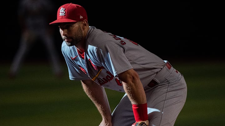 Aug 21, 2022; Phoenix, Arizona, USA; St. Louis Cardinals infielder Paul Goldschmidt (46) watches on during the ninth inning against the Arizona Diamondbacks at Chase Field. Mandatory Credit: Allan Henry-Imagn Images Aug 21, 2022; Phoenix, Arizona, USA; St. Louis Cardinals infielder Paul Goldschmidt (46) watches on during the ninth inning against the Arizona Diamondbacks at Chase Field. Mandatory Credit: Allan Henry-Imagn Images