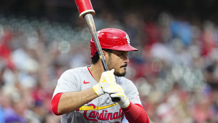 Jul 22, 2025; Denver, Colorado, USA; St. Louis Cardinals third baseman Nolan Arenado (28) on deck in the first inning against the Colorado Rockies at Coors Field. Mandatory Credit: Ron Chenoy-Imagn Images Jul 22, 2025; Denver, Colorado, USA; St. Louis Cardinals third baseman Nolan Arenado (28) on deck in the first inning against the Colorado Rockies at Coors Field. Mandatory Credit: Ron Chenoy-Imagn Images