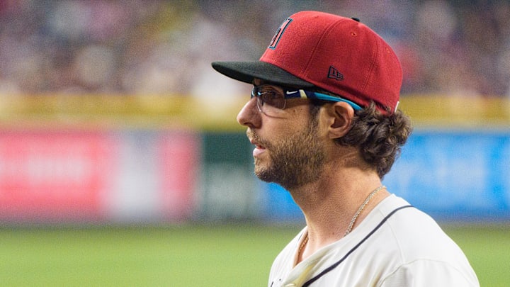 Apr 13, 2025; Phoenix, Arizona, USA;  Arizona Diamondbacks pitcher Zac Gallen (23) reacts after the end of the second inning against the Milwaukee Brewers at Chase Field. Mandatory Credit: Allan Henry-Imagn Images