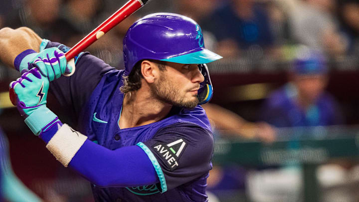 Aug 23, 2025; Phoenix, Arizona, USA; Arizona Diamondbacks infielder Blaze Alexander (9) at bat in the fourth inning against the Cincinnati Reds at Chase Field. Mandatory Credit: Allan Henry-Imagn Images Aug 23, 2025; Phoenix, Arizona, USA; Arizona Diamondbacks infielder Blaze Alexander (9) at bat in the fourth inning against the Cincinnati Reds at Chase Field. Mandatory Credit: Allan Henry-Imagn Images