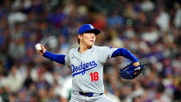 Sep 28, 2024; Denver, Colorado, USA; Los Angeles Dodgers starting pitcher Yoshinobu Yamamoto (18) delivers a pitch in the fifth inning against the Colorado Rockies at Coors Field. Mandatory Credit: Ron Chenoy-Imagn Images Sep 28, 2024; Denver, Colorado, USA; Los Angeles Dodgers starting pitcher Yoshinobu Yamamoto (18) delivers a pitch in the fifth inning against the Colorado Rockies at Coors Field. Mandatory Credit: Ron Chenoy-Imagn Images