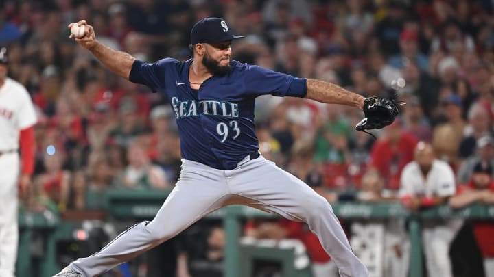 Seattle Mariners pitcher Yimi Garcia (93) pitches against the Boston Red Sox during the eighth inning at Fenway Park on July 30. Seattle Mariners pitcher Yimi Garcia (93) pitches against the Boston Red Sox during the eighth inning at Fenway Park on July 30.