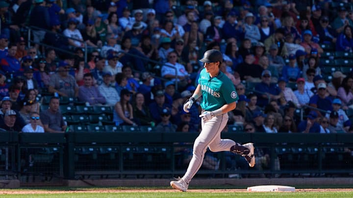 Seattle Mariners infielder Colt Emerson (85) hits a home run in the top of the ninth during a spring training game against the Chicago Cubs at Sloan Park on March 8.