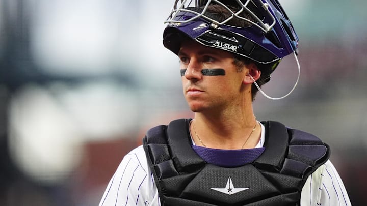 Aug 17, 2024; Denver, Colorado, USA; Colorado Rockies catcher Drew Romo (3) during the first inning against the San Diego Padres at Coors Field. Mandatory Credit: Ron Chenoy-Imagn Images Aug 17, 2024; Denver, Colorado, USA; Colorado Rockies catcher Drew Romo (3) during the first inning against the San Diego Padres at Coors Field. Mandatory Credit: Ron Chenoy-Imagn Images