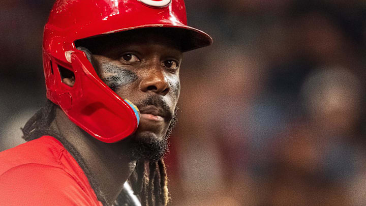Aug 23, 2025; Phoenix, Arizona, USA; Cincinnati Reds infielder Elly De La Cruz (44) watches on from the batters box during the fourth inning against the Arizona Diamondbacks at Chase Field. Mandatory Credit: Allan Henry-Imagn Images