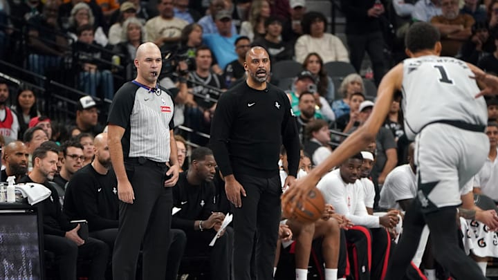 Nov 7, 2025; San Antonio, Texas, USA;  Houston Rockets head coach Ime Udoka watches gameplay during the second quarter against the San Antonio Spurs at Frost Bank Center. Mandatory Credit: Dustin Safranek-Imagn Images