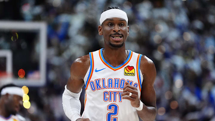 May 9, 2025; Denver, Colorado, USA; Oklahoma City Thunder guard Shai Gilgeous-Alexander (2) during the second half against the Denver Nuggets during game three of the second round for the 2025 NBA Playoffs at Ball Arena. Mandatory Credit: Ron Chenoy-Imagn Images