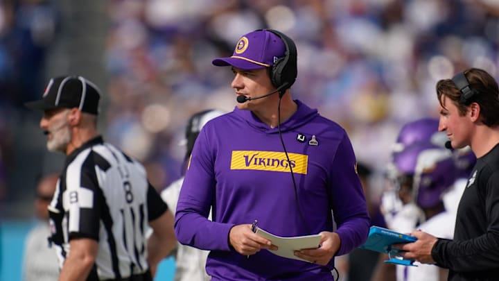 Minnesota Vikings head coach Kevin O'Connell surveys the field during the second quarter against the Tennessee Titans at Nissan Stadium in Nashville, Tenn., Sunday, Nov. 17, 2024.