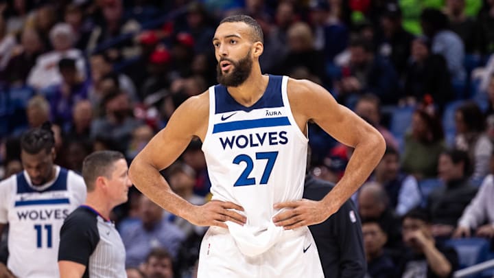 Minnesota Timberwolves center Rudy Gobert (27) reacts to a foul called on him against the New Orleans Pelicans during the second half at the Smoothie King Center. Minnesota Timberwolves center Rudy Gobert (27) reacts to a foul called on him against the New Orleans Pelicans during the second half at the Smoothie King Center.