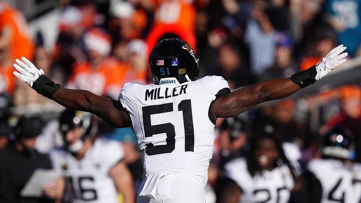 Dec 21, 2025; Denver, Colorado, USA; Jacksonville Jaguars linebacker Ventrell Miller (51) reacts during the first half at Empower Field at Mile High. Mandatory Credit: Ron Chenoy-Imagn Images Dec 21, 2025; Denver, Colorado, USA; Jacksonville Jaguars linebacker Ventrell Miller (51) reacts during the first half at Empower Field at Mile High. Mandatory Credit: Ron Chenoy-Imagn Images