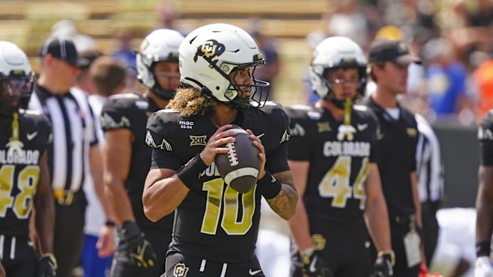 Sep 6, 2025; Boulder, Colorado, USA; Colorado Buffaloes quarterback Julian Lewis (10) before the game against the Delaware Fightin Blue Hens at Folsom Field. Mandatory Credit: Ron Chenoy-Imagn Images