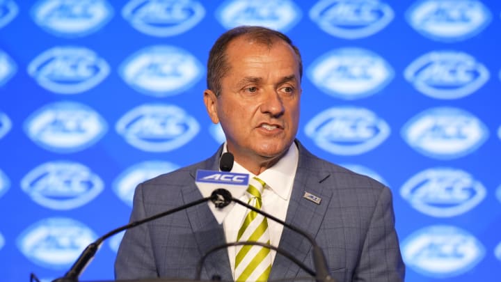 Jul 22, 2024; Charlotte, NC, USA; ACC commissioner Jim Phillips speaks to the media during ACC Kickoff at Hilton Charlotte Uptown. Jul 22, 2024; Charlotte, NC, USA; ACC commissioner Jim Phillips speaks to the media during ACC Kickoff at Hilton Charlotte Uptown.