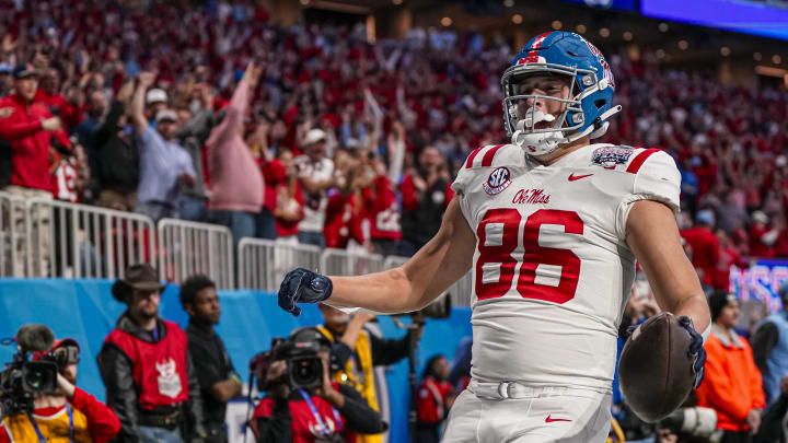 Dec 30, 2023; Atlanta, GA, USA; Mississippi Rebels tight end Caden Prieskorn (86) reacts after scoring a touchdown after catching a pass against the Penn State Nittany Lions during the first half at Mercedes-Benz Stadium. Mandatory Credit: Dale Zanine-USA TODAY Sports
