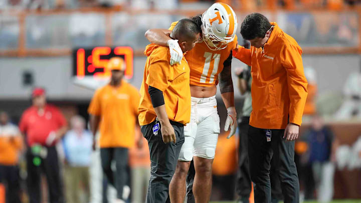 Tennessee linebacker Keenan Pili (11) walks off the field during a game between Florida and Tennessee in Neyland Stadium, in Knoxville, Tenn., Saturday, Oct. 12, 2024.