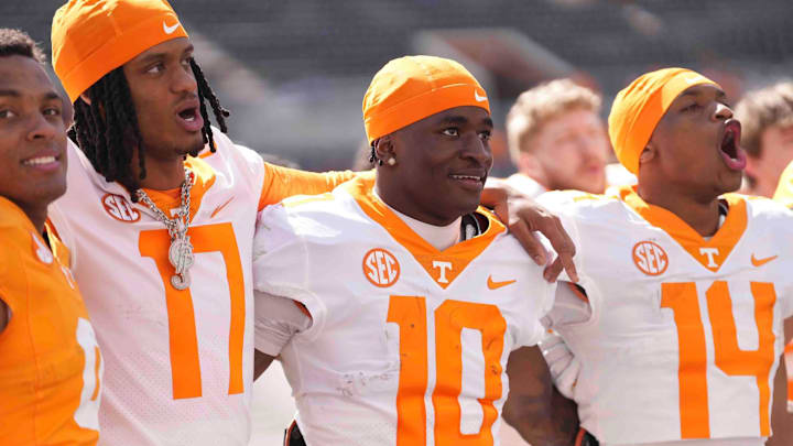 Tennessee wide receiver Chris Brazzell II (17), Tennessee wide receiver Mike Matthews (10), and Tennessee wide receiver Braylon Staley (14) after the Orange & White spring game in Neyland Stadium, Saturday, April 12, 2025. Tennessee wide receiver Chris Brazzell II (17), Tennessee wide receiver Mike Matthews (10), and Tennessee wide receiver Braylon Staley (14) after the Orange & White spring game in Neyland Stadium, Saturday, April 12, 2025.