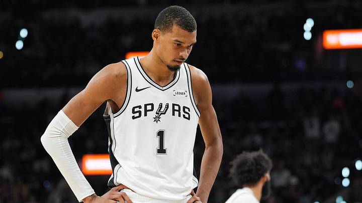 May 24, 2026; San Antonio, Texas, USA; San Antonio Spurs center Victor Wembanyama (1) looks on in the first quarter against the Oklahoma City Thunder during game four of the western conference finals for the 2026 NBA playoffs at Frost Bank Center. Mandatory Credit: Daniel Dunn-Imagn Images