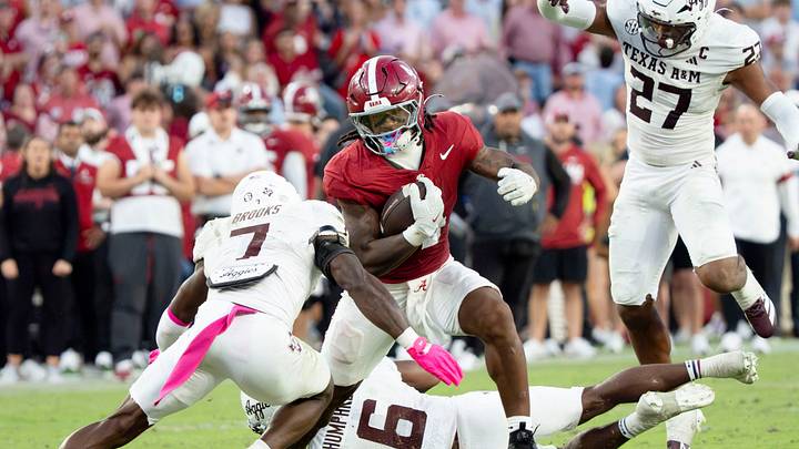 Oct 24, 2026; Tuscaloosa, AL, USA; Texas A&M defensive back Dalton Brooks (7) makes the tackle on Alabama running back Daniel Hill (4) after Hill ran for a first down at Saban Field at Bryant Denny Stadium. Alabama defeated Texas A&M 31-20. Mandatory Credit: Gary Cosby Jr.-Tuscaloosa News Oct 24, 2026; Tuscaloosa, AL, USA; Texas A&M defensive back Dalton Brooks (7) makes the tackle on Alabama running back Daniel Hill (4) after Hill ran for a first down at Saban Field at Bryant Denny Stadium. Alabama defeated Texas A&M 31-20. Mandatory Credit: Gary Cosby Jr.-Tuscaloosa News