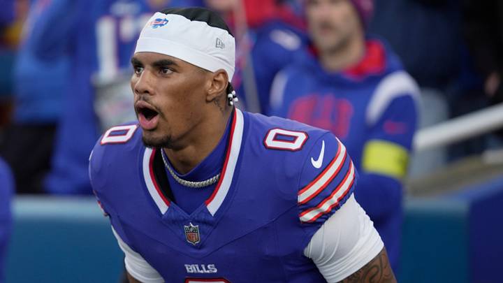 Buffalo Bills wide receiver Keon Coleman yells as he takes the field during team introductions. Buffalo Bills wide receiver Keon Coleman yells as he takes the field during team introductions.