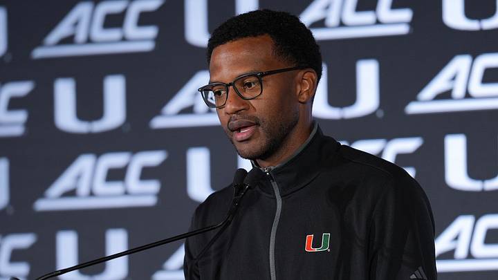 Oct 7, 2026; Charlotte, NC, USA; Miami Hurricanes head coach Jai Lucas answers questions from the media during the ACC Tip-Off in Charlotte, NC. Mandatory Credit: Jim Dedmon-Imagn Images