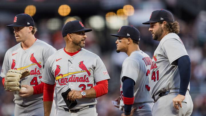 Sep 7, 2026; San Francisco, California, USA;  St. Louis Cardinals manager Oliver Marmol (37) smiles at first baseman Alec Burleson (41) during a pitching change in the seventh inning against the San Francisco Giants at Oracle Park.  Mandatory Credit: John Hefti-Imagn Images