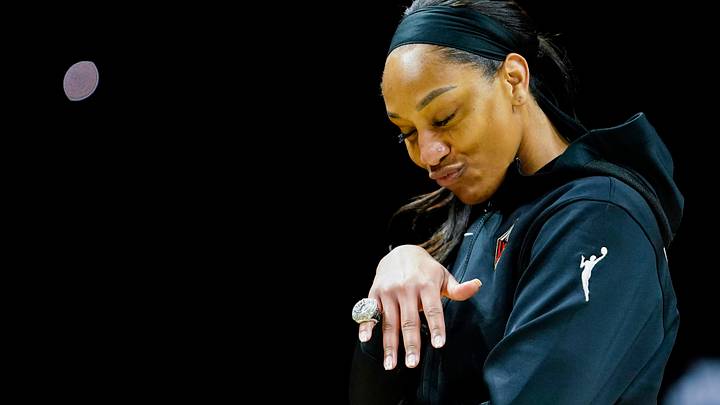 May 27, 2023; Las Vegas, Nevada, USA; Las Vegas Aces forward Aja Wilson (22) poses with her championship ring prior to a game against the Los Angeles Sparks at Michelob Ultra Arena. Mandatory Credit: Lucas Peltier-USA TODAY Sports May 27, 2023; Las Vegas, Nevada, USA; Las Vegas Aces forward Aja Wilson (22) poses with her championship ring prior to a game against the Los Angeles Sparks at Michelob Ultra Arena. Mandatory Credit: Lucas Peltier-USA TODAY Sports