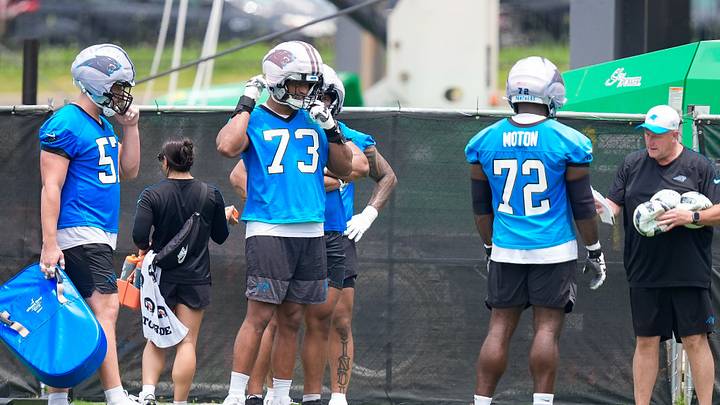 Carolina Panthers tackle Monroe Freeling (57), tackle Stone Forsythe (73) and offensive tackle Taylor Moton Carolina Panthers tackle Monroe Freeling (57), tackle Stone Forsythe (73) and offensive tackle Taylor Moton