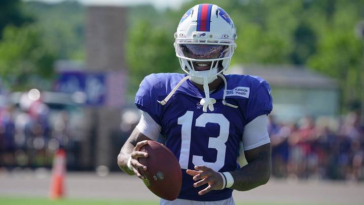 Bills Skyler Bell after catching a pass at Buffalo Bills Training Camp. Bills Skyler Bell after catching a pass at Buffalo Bills Training Camp.