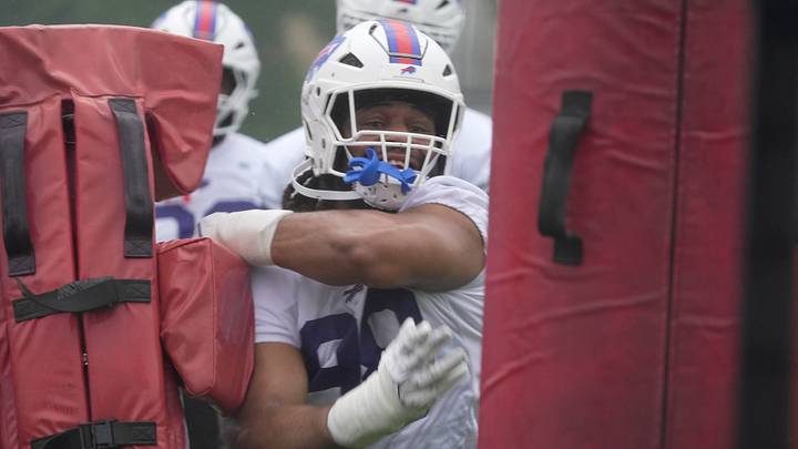 Bills T.J. Sanders pushes through obstacles during Bills Training Camp at St. John Fisher University on July 29, 2026 in Pittsford Bills T.J. Sanders pushes through obstacles during Bills Training Camp at St. John Fisher University on July 29, 2026 in Pittsford