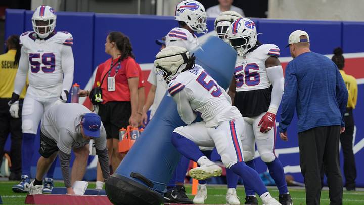 Buffalo Bills' EDGE rusher Mike Danna runs around a dummy during a drill at the team's "Return of the Blue and Red" practice at Highmark Stadium in Orchard Park, New York, on Aug. 8, 2026. Buffalo Bills' EDGE rusher Mike Danna runs around a dummy during a drill at the team's "Return of the Blue and Red" practice at Highmark Stadium in Orchard Park, New York, on Aug. 8, 2026.