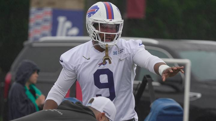 Bills Bradley Chubb gestures to his teammates during a drill at Bills Training Camp at St. John Fisher University on July 29, 2026 in Pittsford