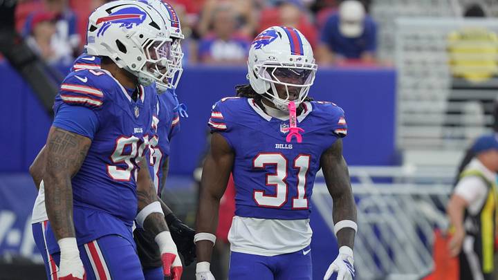 Buffalo Bills' starting CB Maxwell Hairston (31) and rookie EDGE rusher T.J. Parker (99) prepare to line up for a defensive play during first-half action of the Bills' preseason game against the Pittsburgh Steelers at the new Highmark Stadium on Aug. 27, 2026, in Orchard Park, New York.