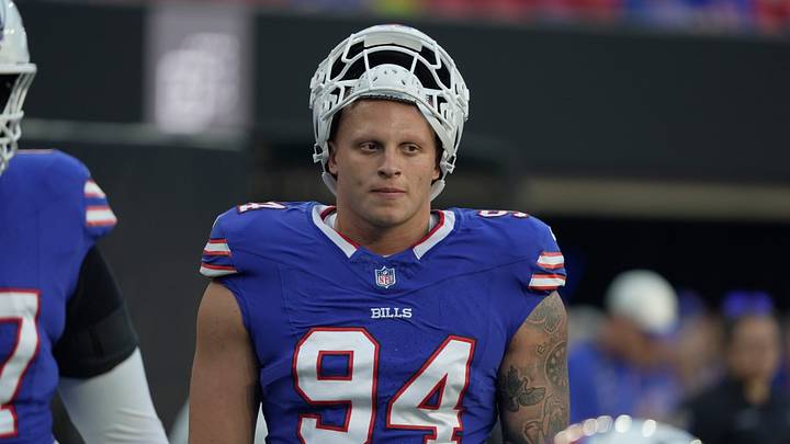 Buffalo Bills defensive lineman Landon Jackson during warm ups before the Bills preseason game against the Pittsburgh Steelers at Highmark Stadium on Aug. 27, 2026.