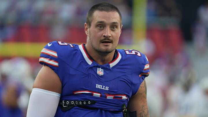 Buffalo Bills linebacker Michael Hoecht takes a breather during warm up before the Bills preseason game against the Pittsburgh Steelers at Highmark Stadium on Aug. 27, 2026. Buffalo Bills linebacker Michael Hoecht takes a breather during warm up before the Bills preseason game against the Pittsburgh Steelers at Highmark Stadium on Aug. 27, 2026.
