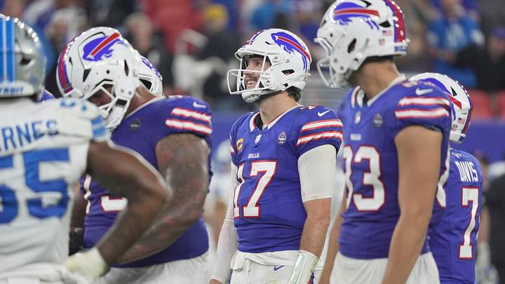 Buffalo Bills quarterback Josh Allen winds down the clock and smiles as the fourth quarter goes to the end with then Bills winning 41-31 in their home opener game against the Detroit Lions on Sept. 17, 2026. Buffalo Bills quarterback Josh Allen winds down the clock and smiles as the fourth quarter goes to the end with then Bills winning 41-31 in their home opener game against the Detroit Lions on Sept. 17, 2026.