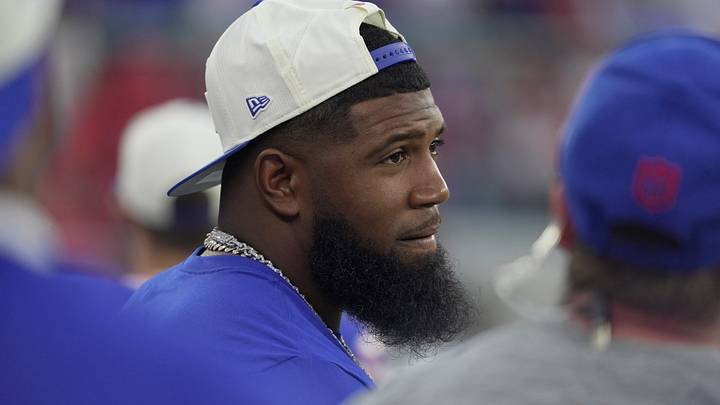 Buffalo Bills defensive lineman Ed Oliver, with other teammates who are sitting out the preseason game against the Pittsburgh Steelers at Highmark Stadium on Aug. 27, 2026 watches teammates who are playing from the sidelines. Buffalo Bills defensive lineman Ed Oliver, with other teammates who are sitting out the preseason game against the Pittsburgh Steelers at Highmark Stadium on Aug. 27, 2026 watches teammates who are playing from the sidelines.
